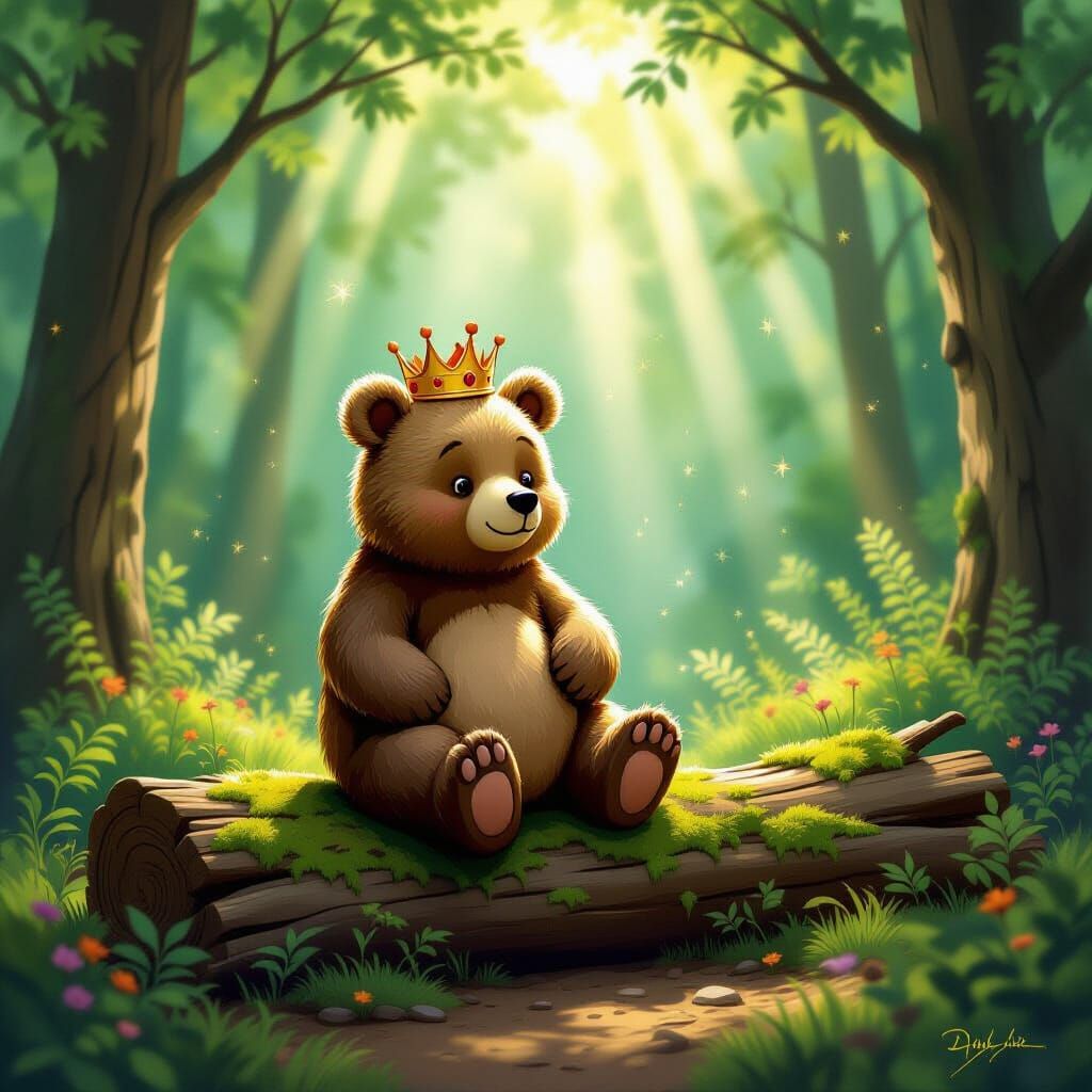 Whimsical Bear in Crown Sits in Sunlit Forest Clearing