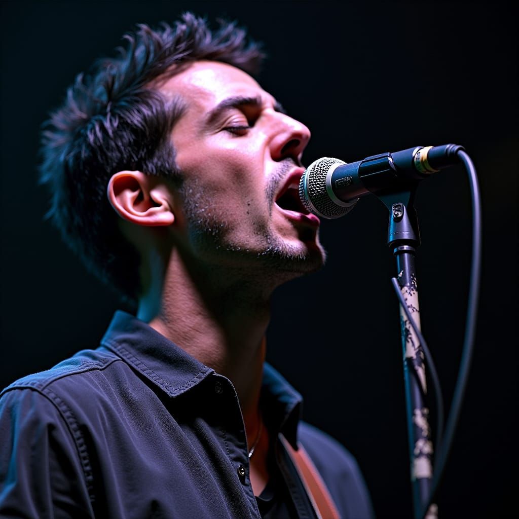 Passionate Musician Singing, Hyperrealistic Concert Photogra...
