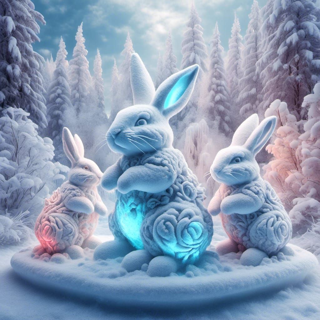 Crystallized Bunnies Playing in Snowy Astral Landscape
