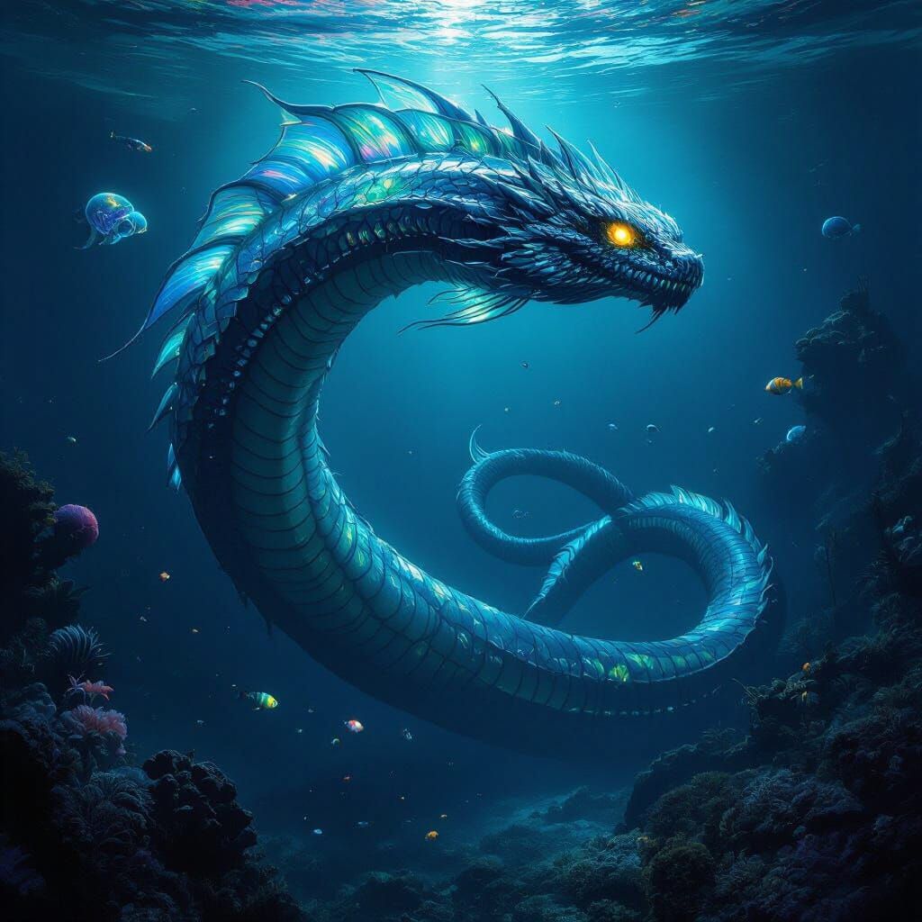 Bioluminescent Serpent in Mariana Trench, Surreal Art