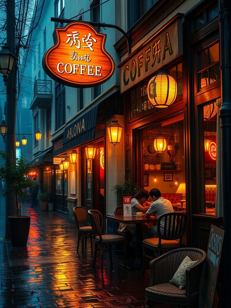 Cozy Coffee Shop on a Rainy Night in Old Town