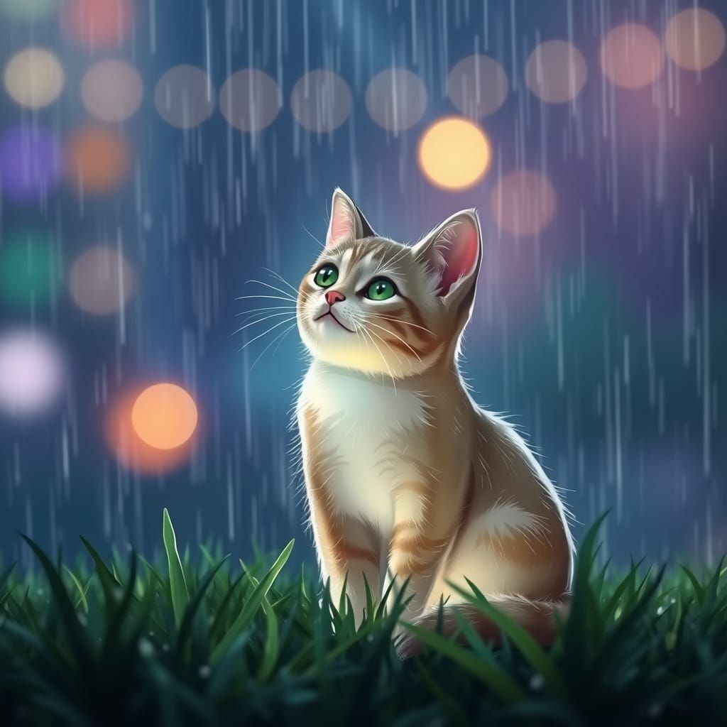 Glowing Cat Sitting in Rain