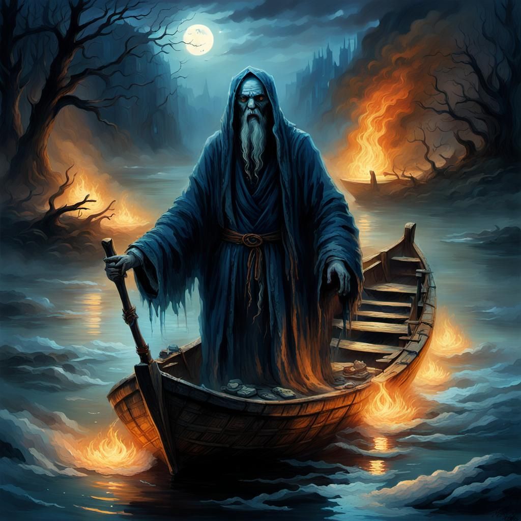 Spirits on Fiery River in Dark Mystical Landscape