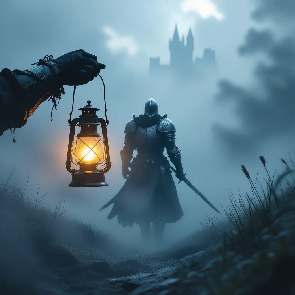 Knight Emerges from Fog with Glowing Lantern
