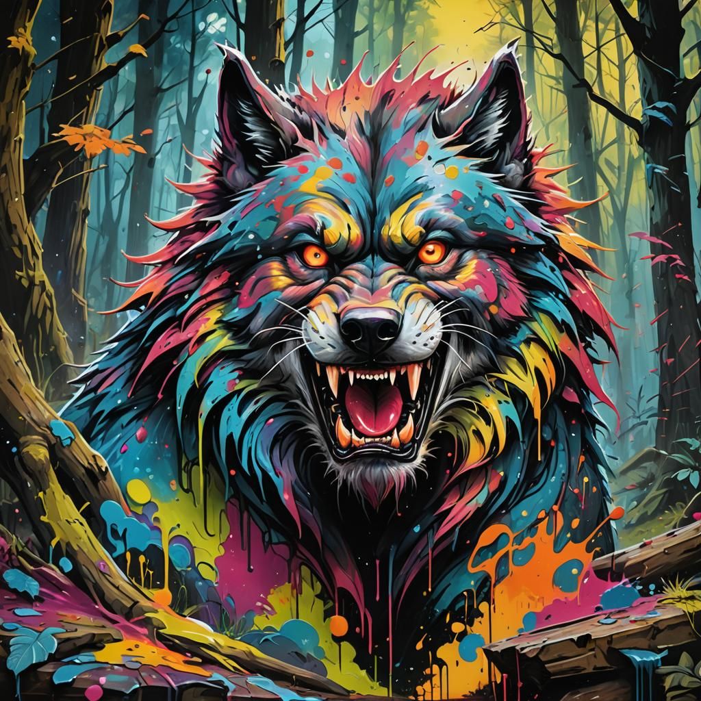 Werewolf in Dark Forest Graffiti Art