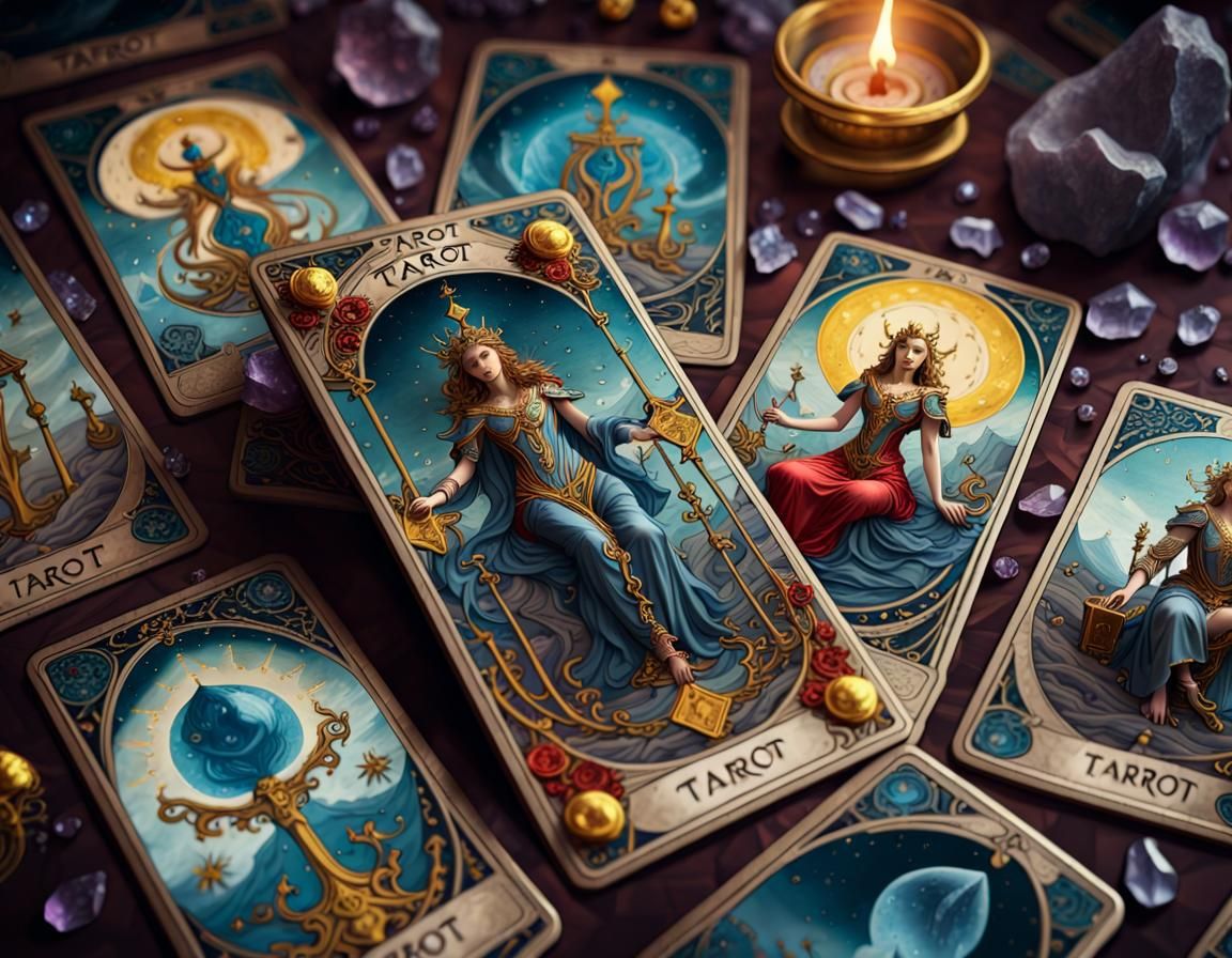 Ornate Tarot Cards on Crystals: Detailed Matte Painting