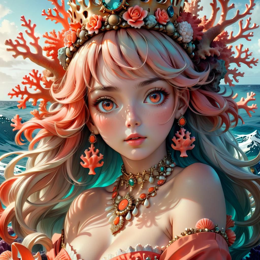 Anime Portrait of Mythical Coral Crowned Ocean Woman