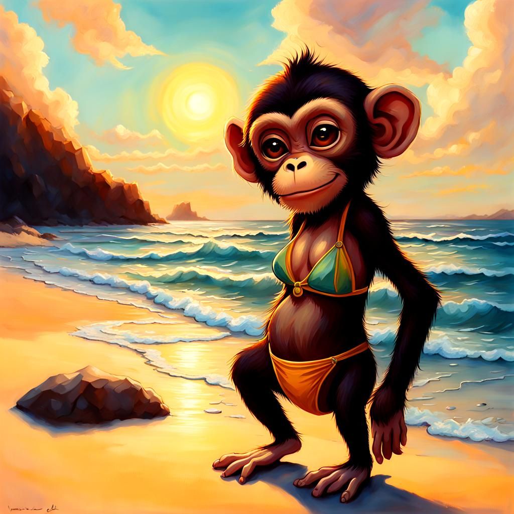 Surreal Impasto Oil Painting of a Magical Beach Monkey at Su...