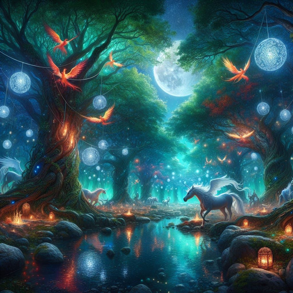 Mystical Gathering in Enchanted Forest Under Moonlight