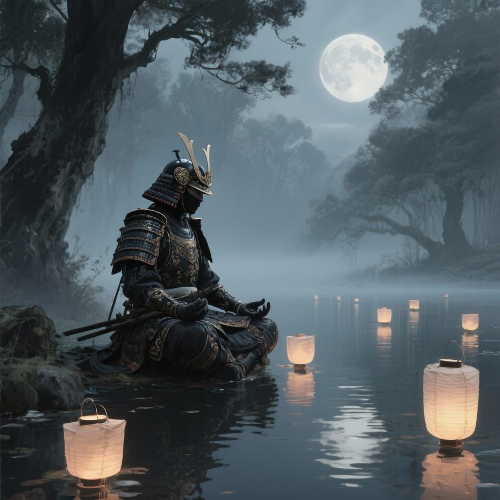 Moonlit Samurai Meditation by Tranquil Lake