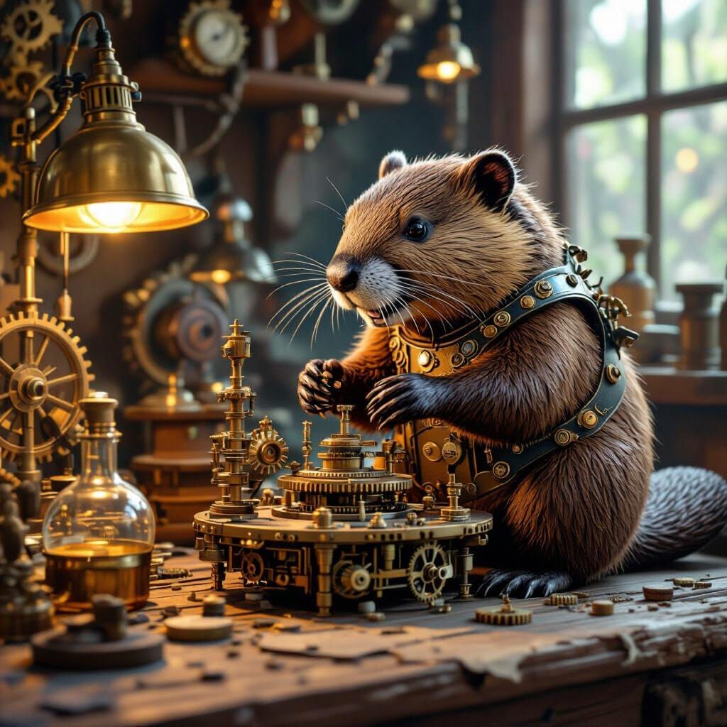 Steampunk Beaver in Workshop Assembling Contraption