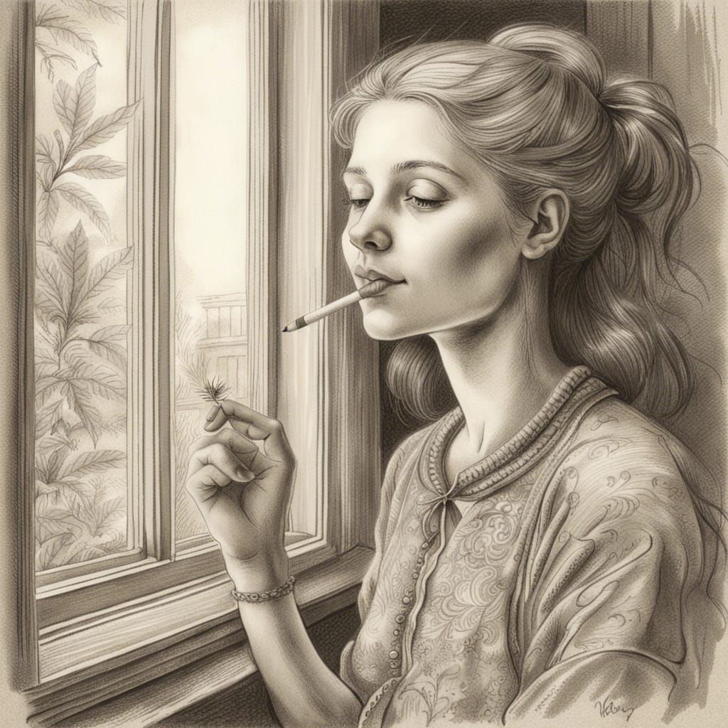 Woman Smoking by Window: Intricate Vintage Pencil Sketch