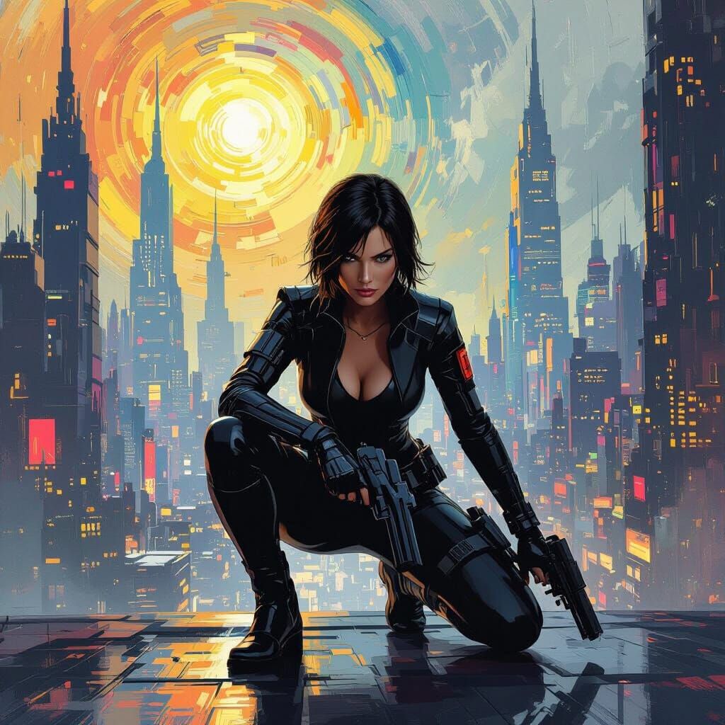 Joanna Dark in a Van Gogh-Inspired Cyberpunk City