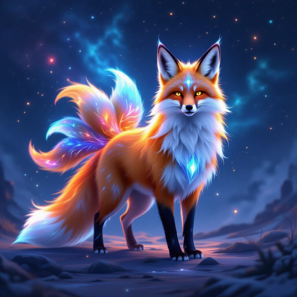 Elemental Fox with Nine Glowing Tails in Cosmic Fantasy Styl...