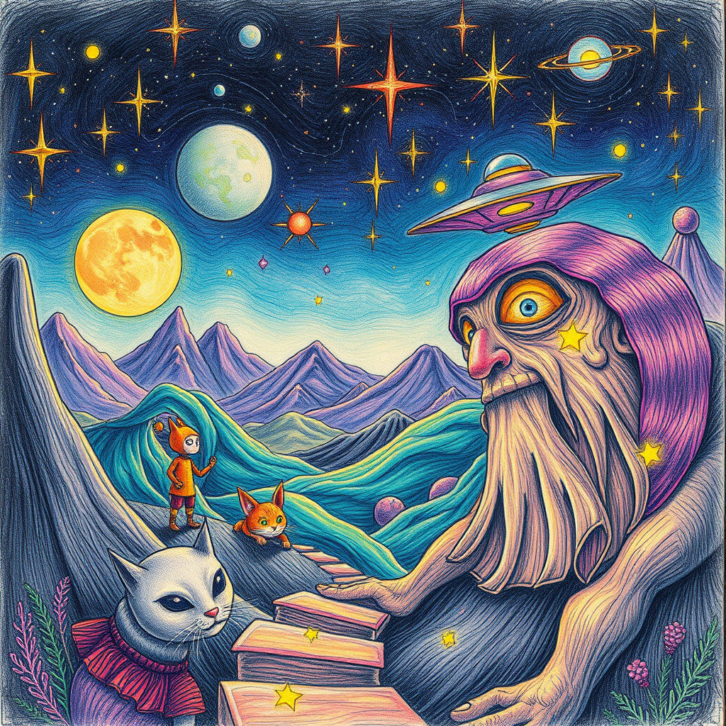 Whimsical Alien Landscape in Colored Pencil Doodles