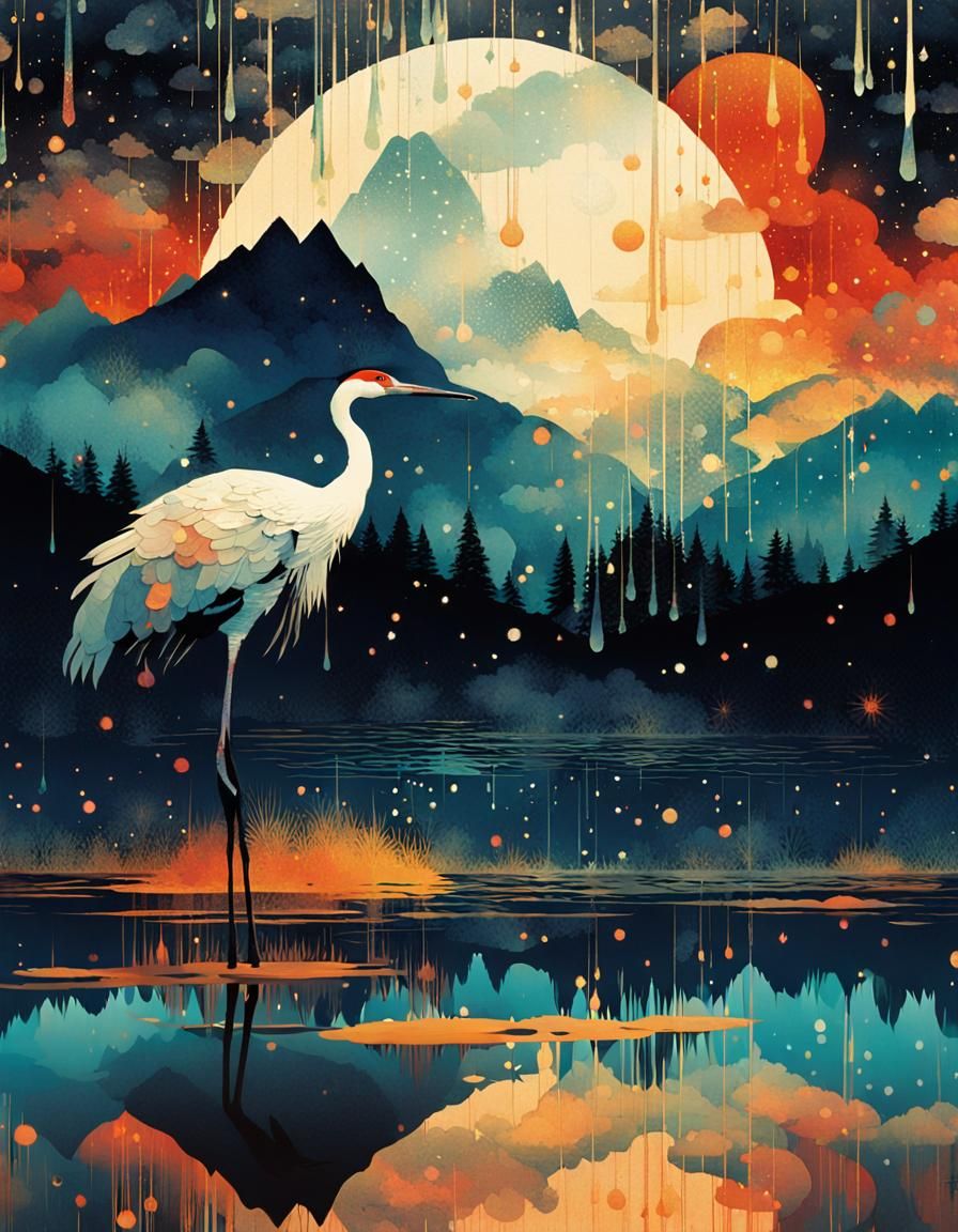 Surreal Crane in Rainy Mountain Landscape