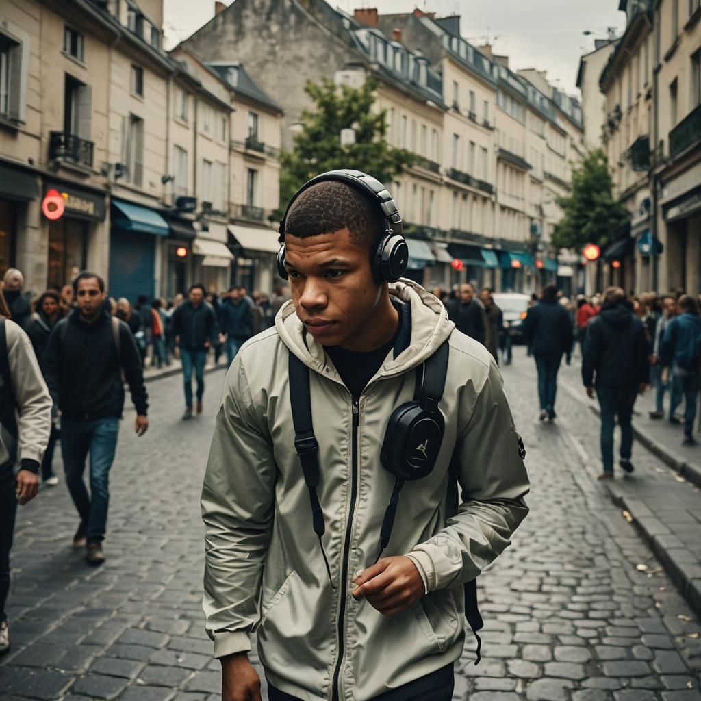 Mbappe in City Street, Cinematic Film Still