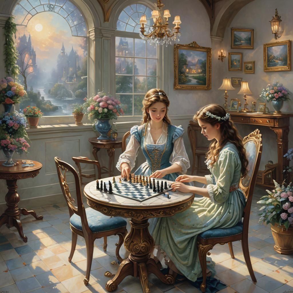 Young Women Play Chess in Ethereal Fantasy Style