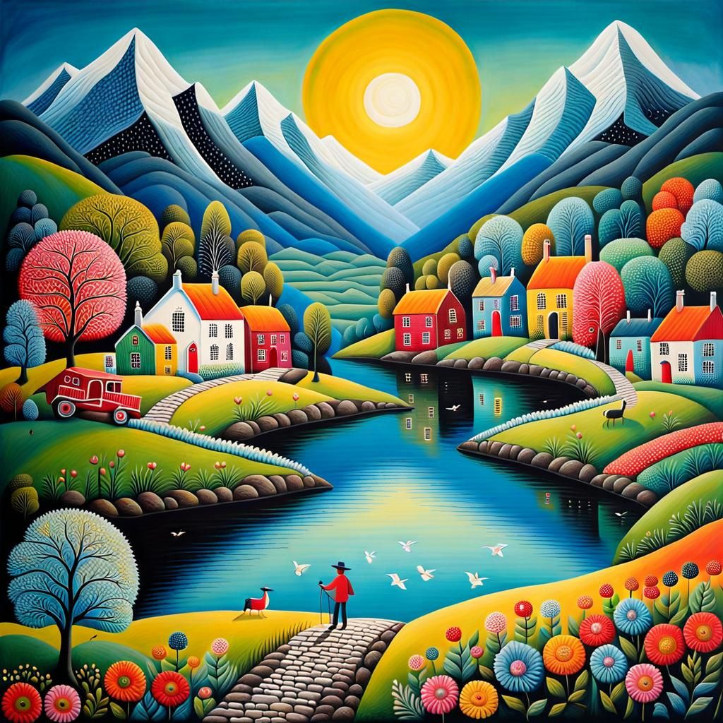 Vivid Naive Art Mixed Media Masterpiece