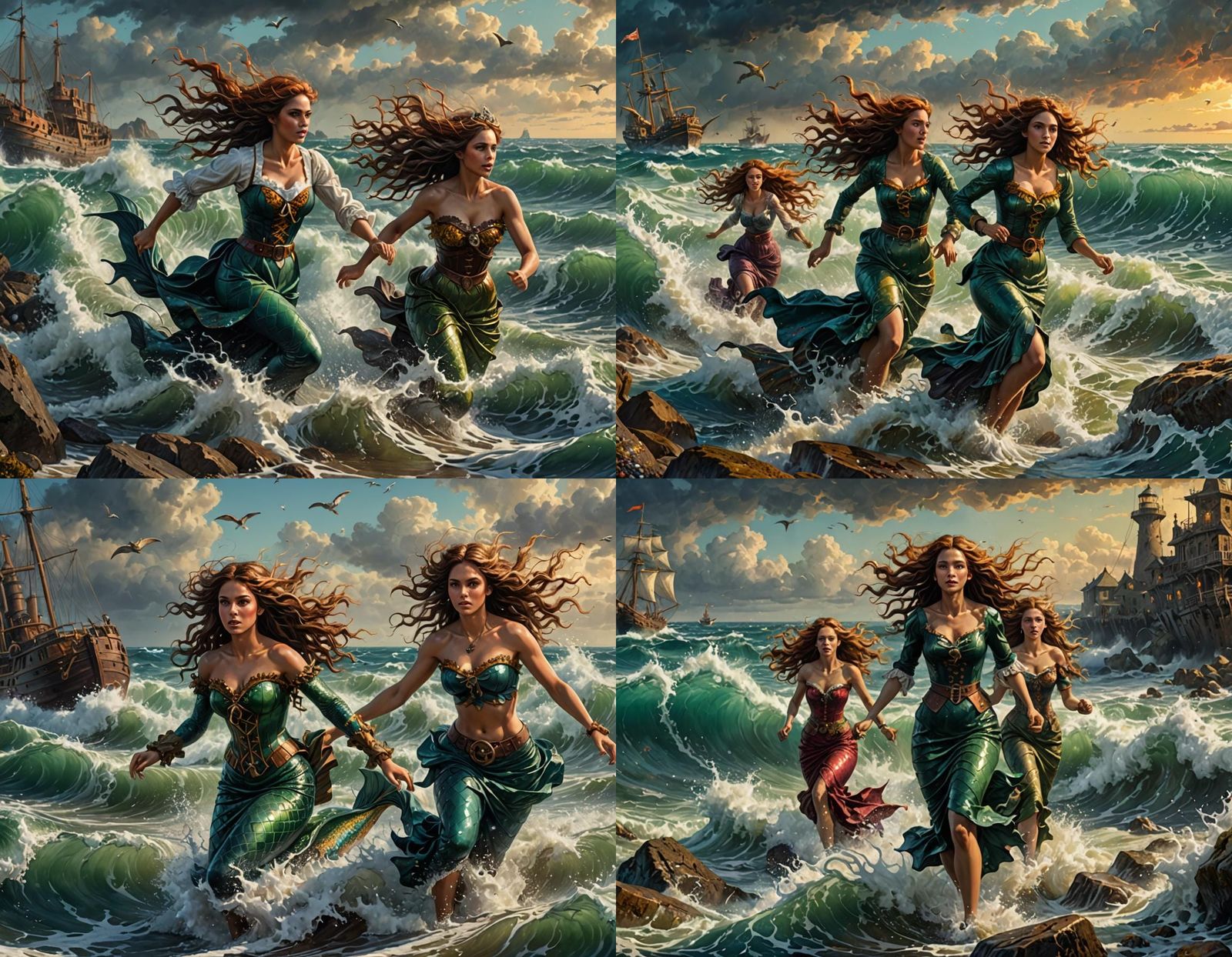 Mermaids Running Through Crashing Waves in Steampunk Style