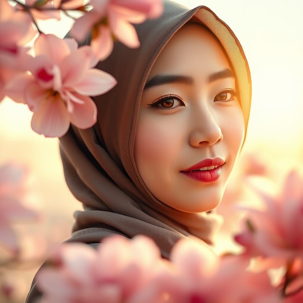 A portrait of a beautiful hijab Chinese woman in Flowering g...
