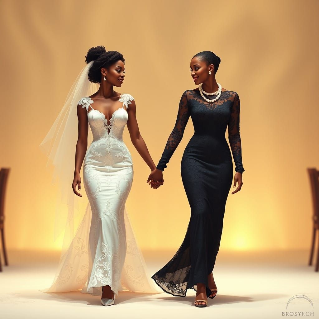 African American Brides Exchange Loving Glances in Whimsical...