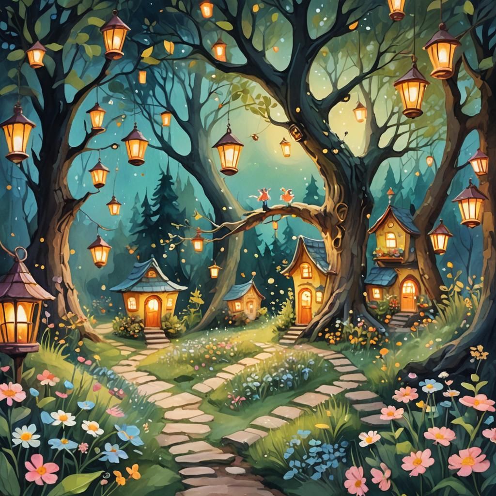 Enchanted Fairy Village in a Magical Tree: Whimsical Gouache...