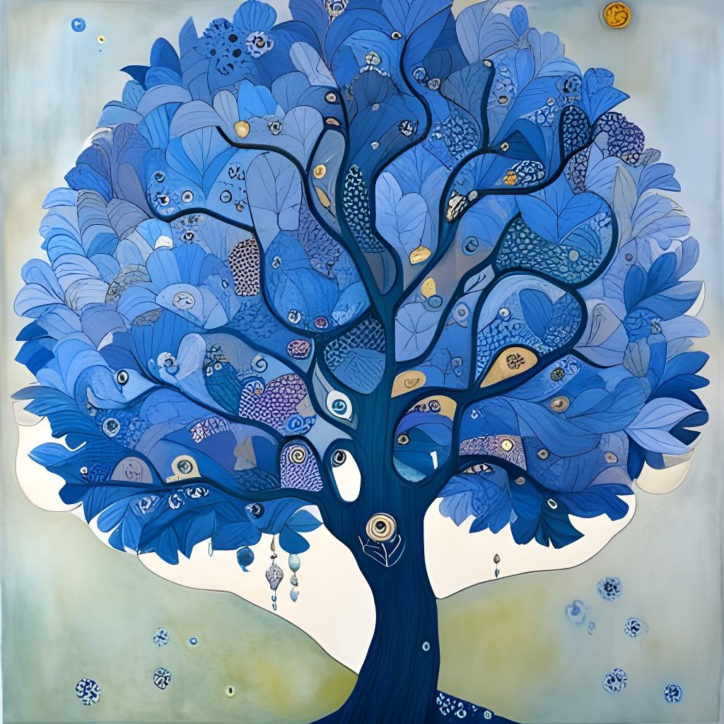 Intricate Blue Tree Collage in Art Nouveau Style