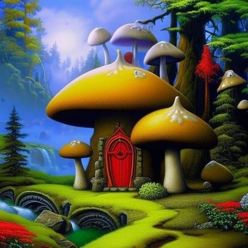 Enchanted Forest Mushroom House with Red Hat