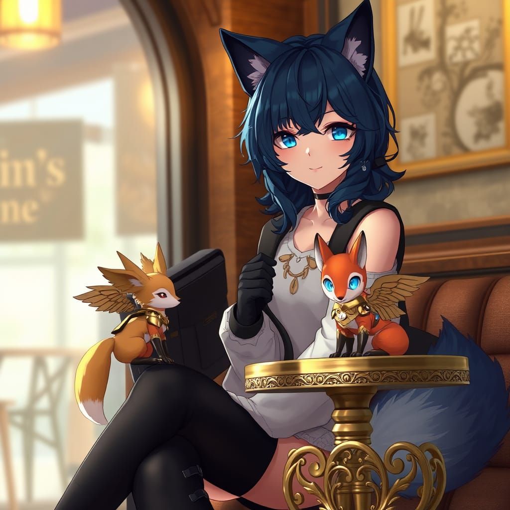 Anime Girl with Fox in Cozy Cafe, as 3D Art