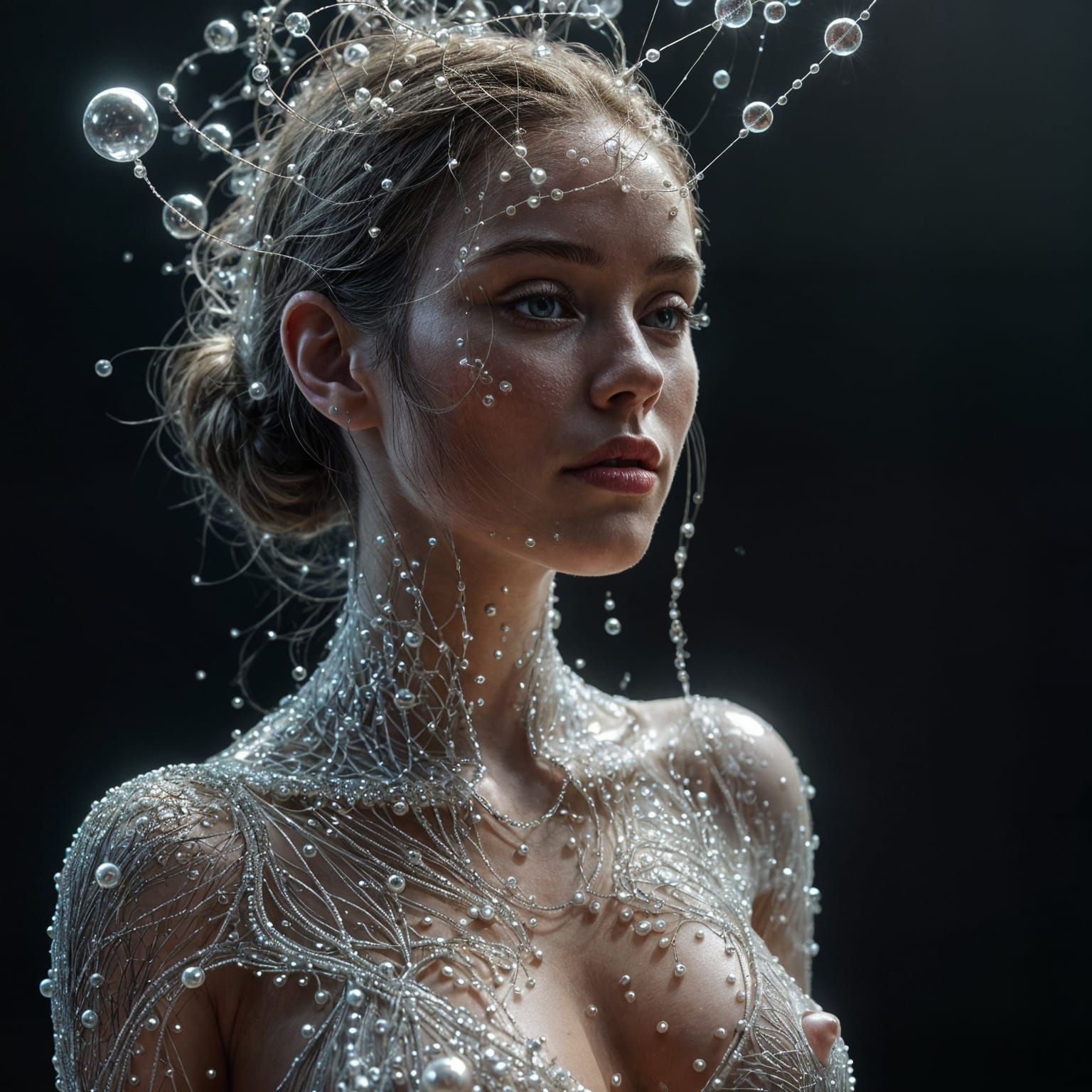 Woman Made of Glowing Bubbles and Pearls