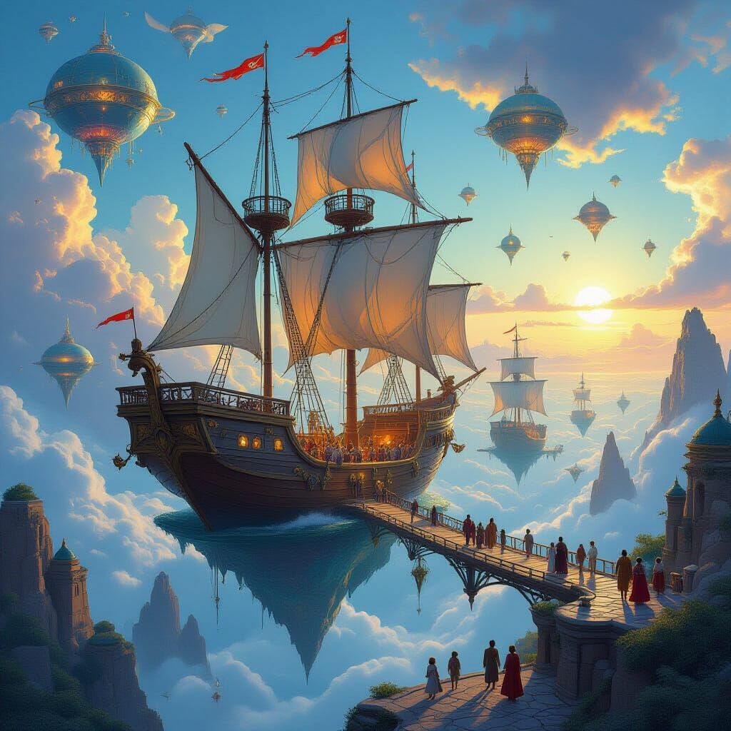 A bustling spelljammer port on a flying island in the sky, w...