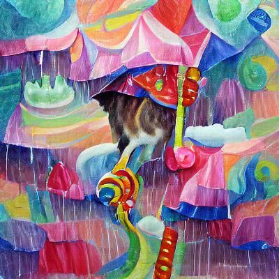 Cat with Umbrella in Rainy Candyland Gouache
