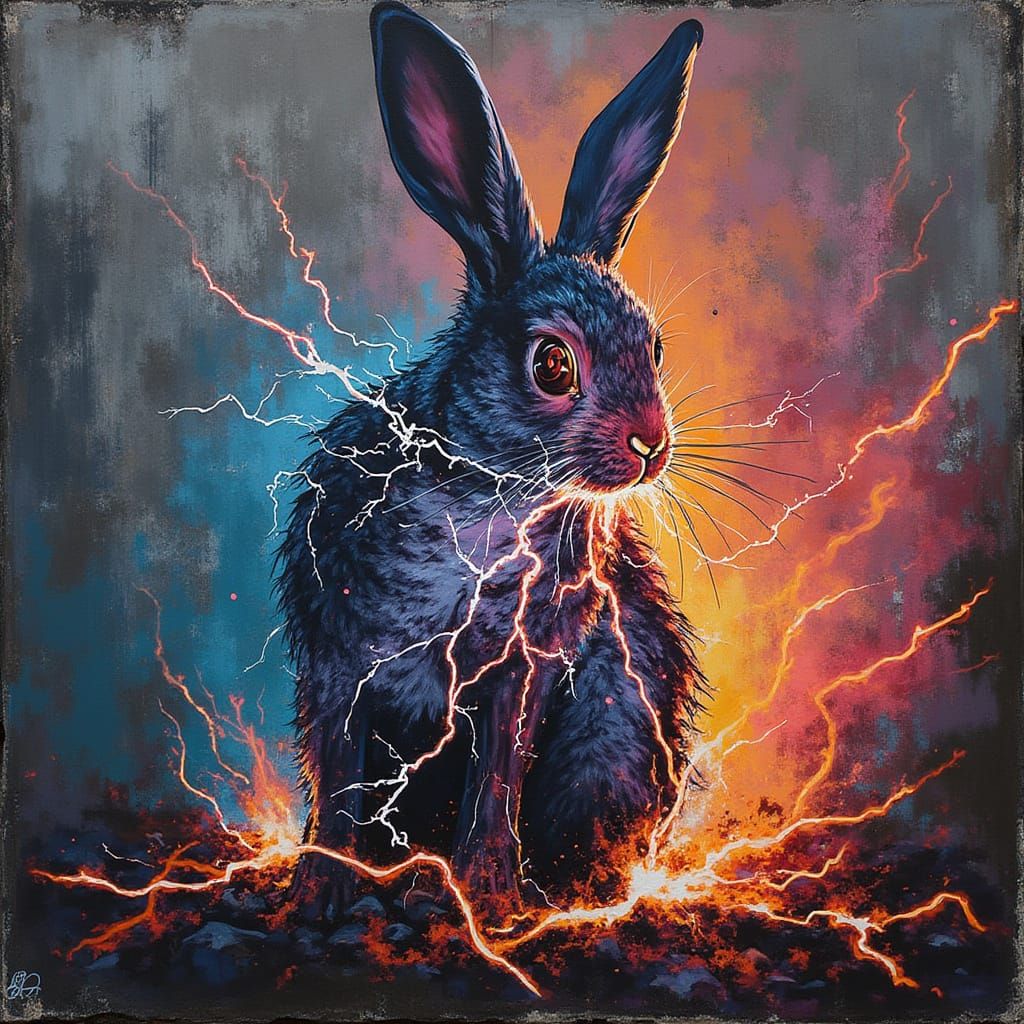 Electric Rabbit in Urban Graffiti Scene, Abstract Realism St...