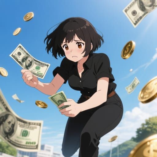 Anime Woman Fails to Grasp Flying Money