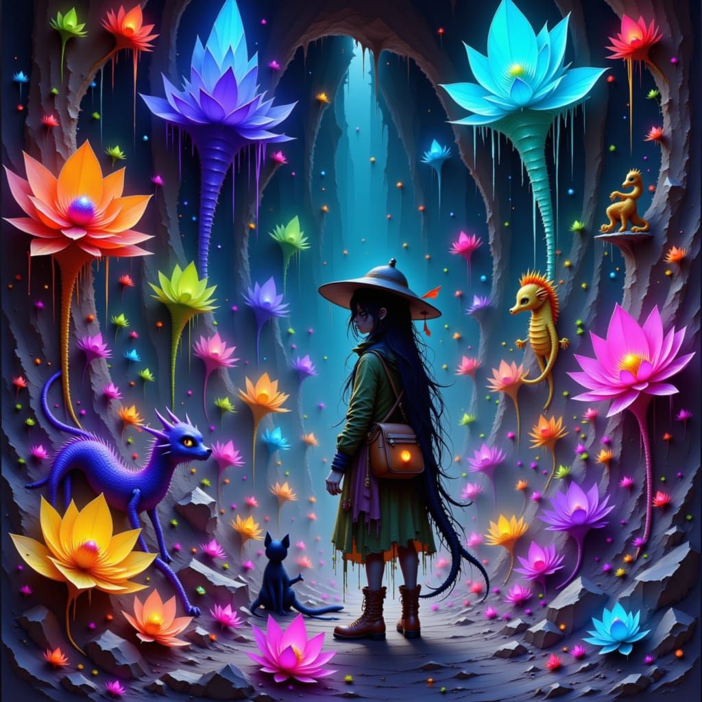 Bioluminescent Crystal Cavern with Dragons in Neon Ink Style