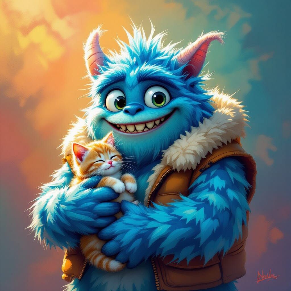 Fuzzy Blue Monster Carries Kitten: Hyperrealistic Digital Ar...