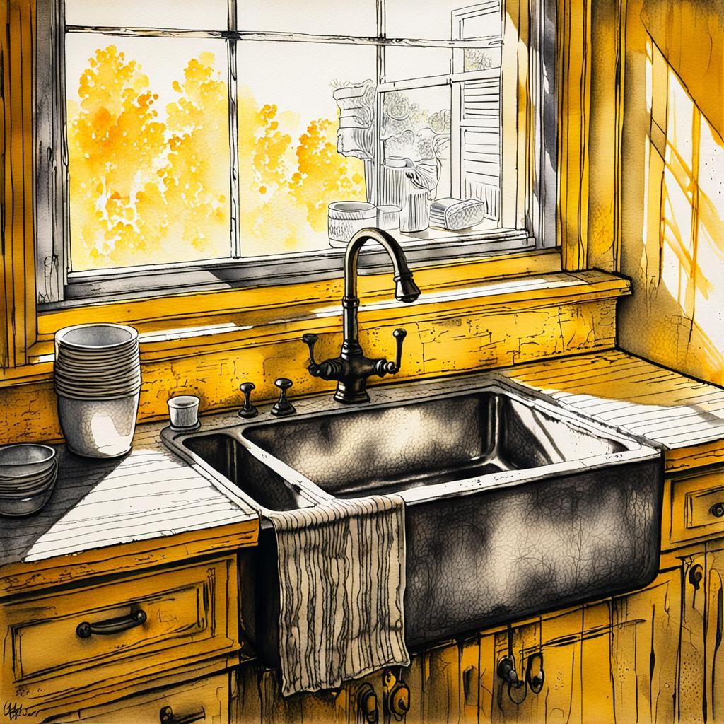 Sink in Sunlight: Sumi-e Style Charcoal Drawing