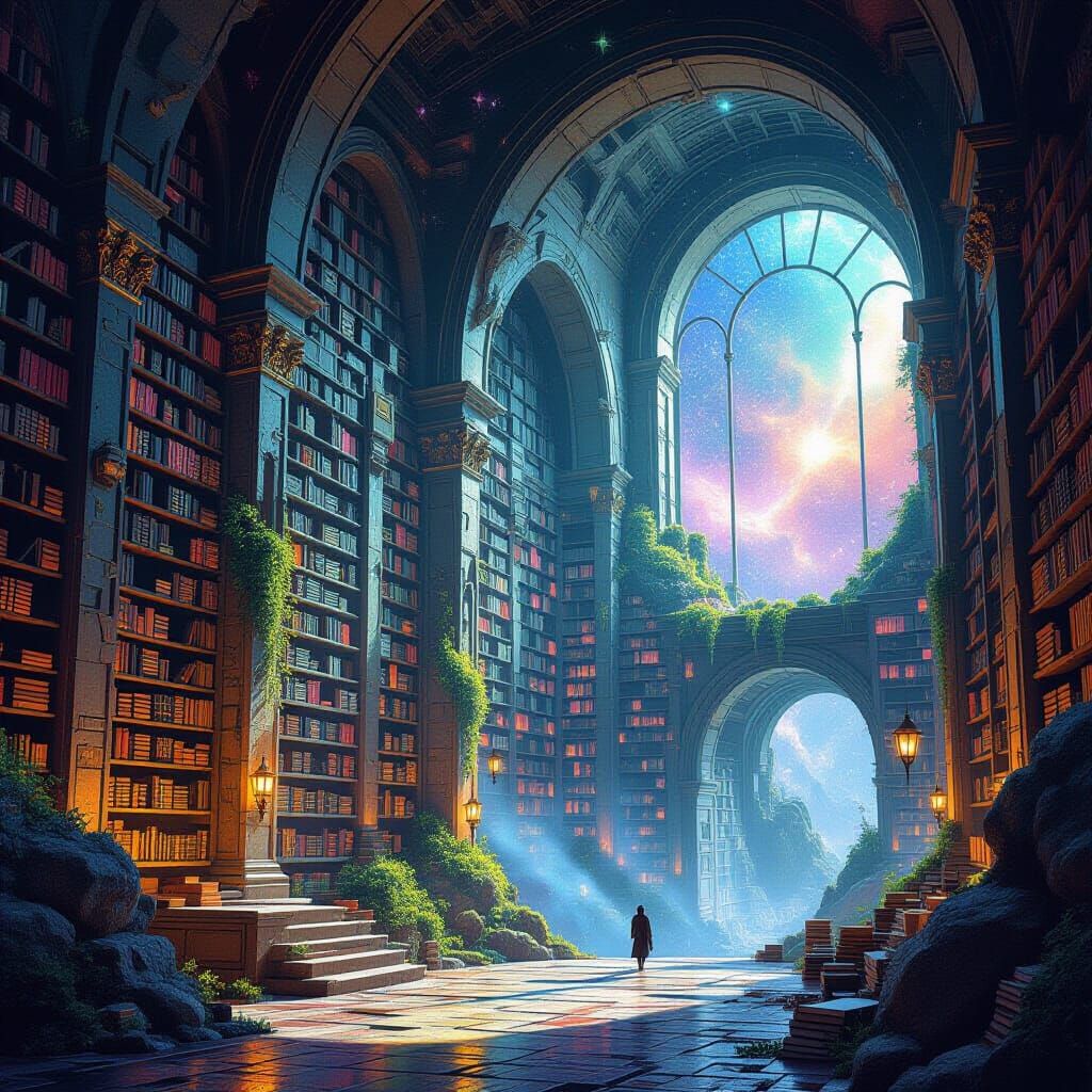 Ancient Mountain Library with Glowing Books and Cosmic Views