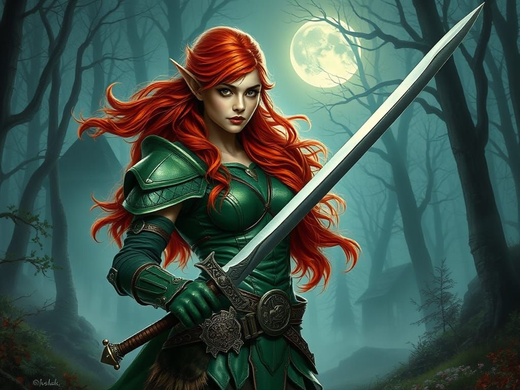 Elven Warrior Stands Guard in Moonlit Forest