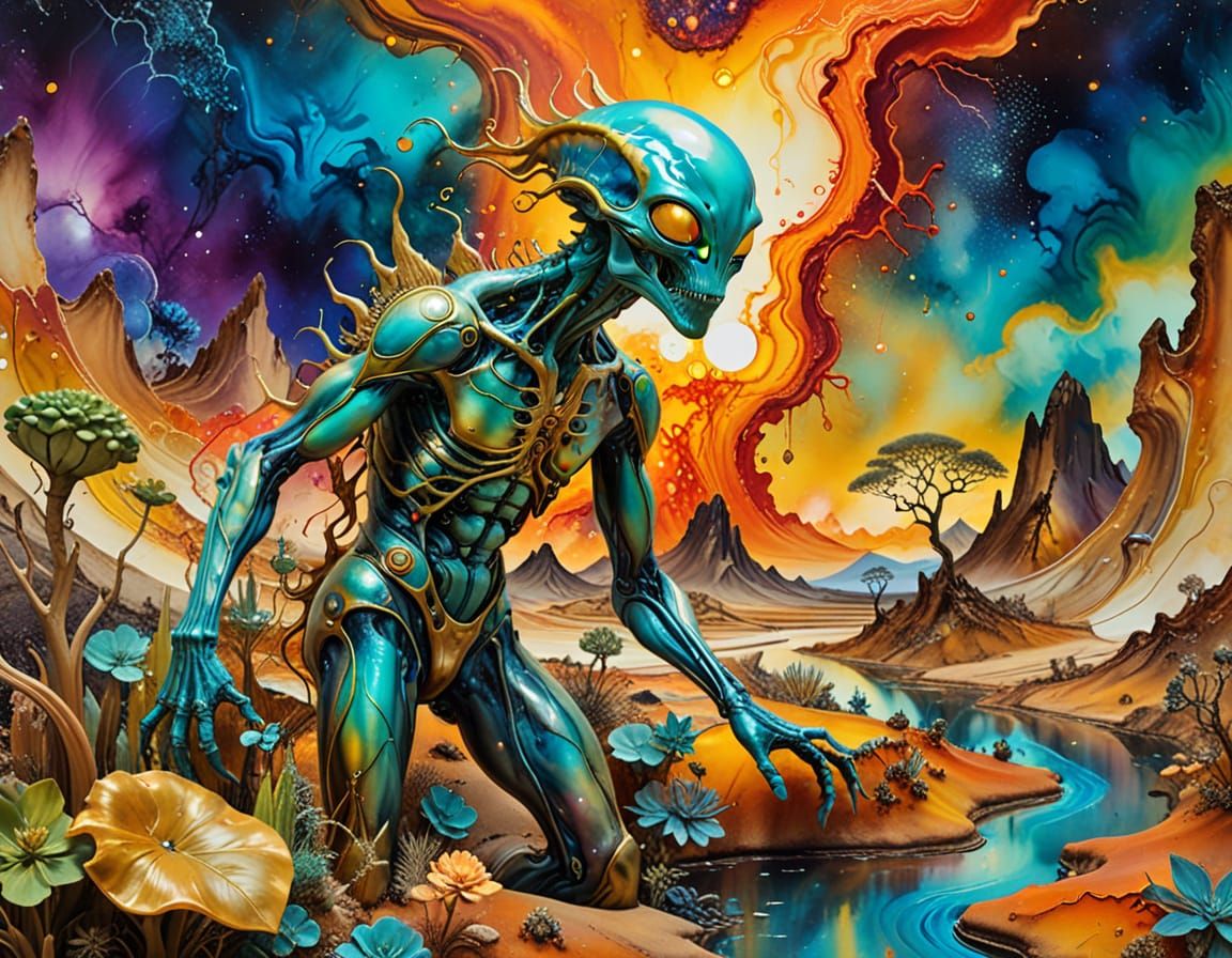 Alien on Jurassic Landscape: Surreal Expressionist Painting