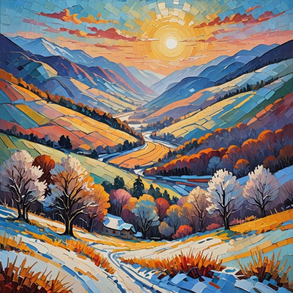 Winter Valley Sunrise in Impressionistic Oil Painting Style