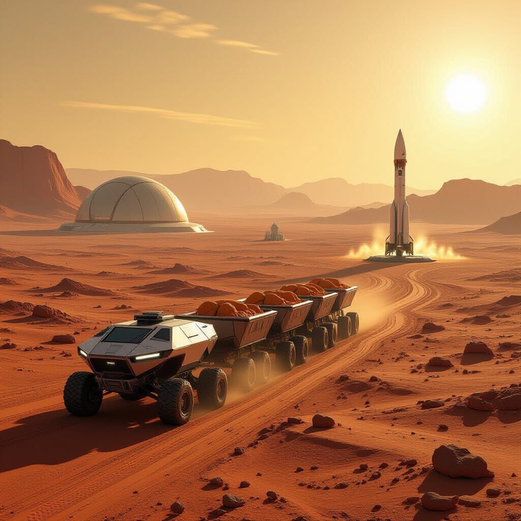 Mars Explorer Vehicle and Future City in Digital Matte Paint...