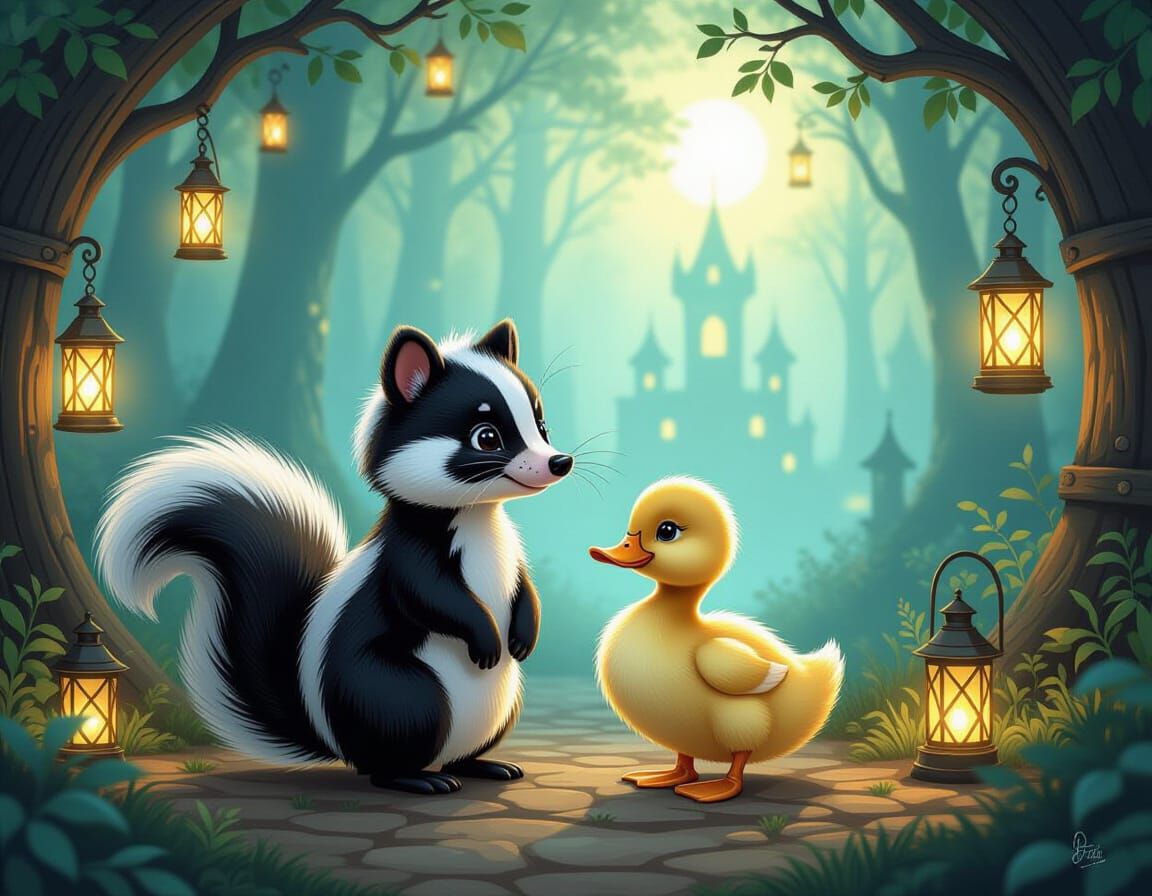 Whimsical Skunk & Duckling in Mystical Forest with Portal