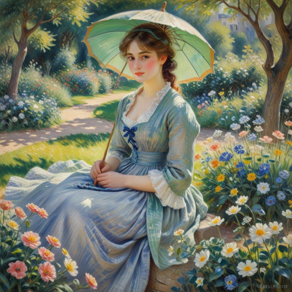 Impressionist Woman Under Blooming Garden Umbrella