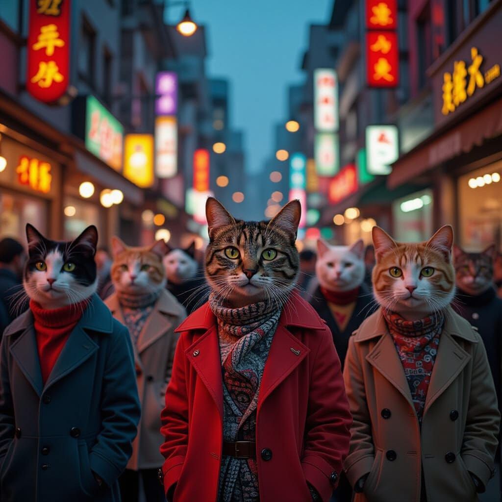 Evolved Cats in Clothing: Hyper-Detailed Retro Photo