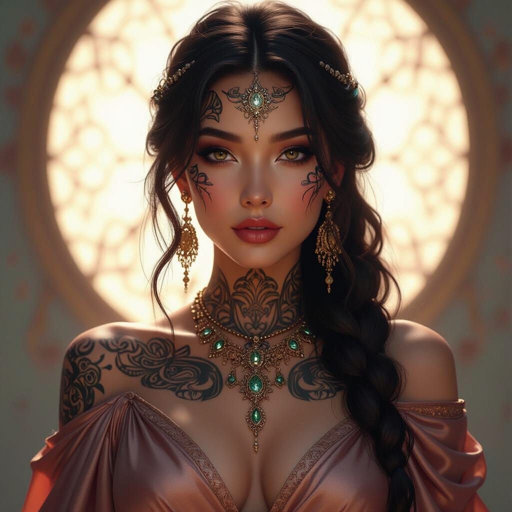 Mysterious Woman with Tattoos in Anime Style