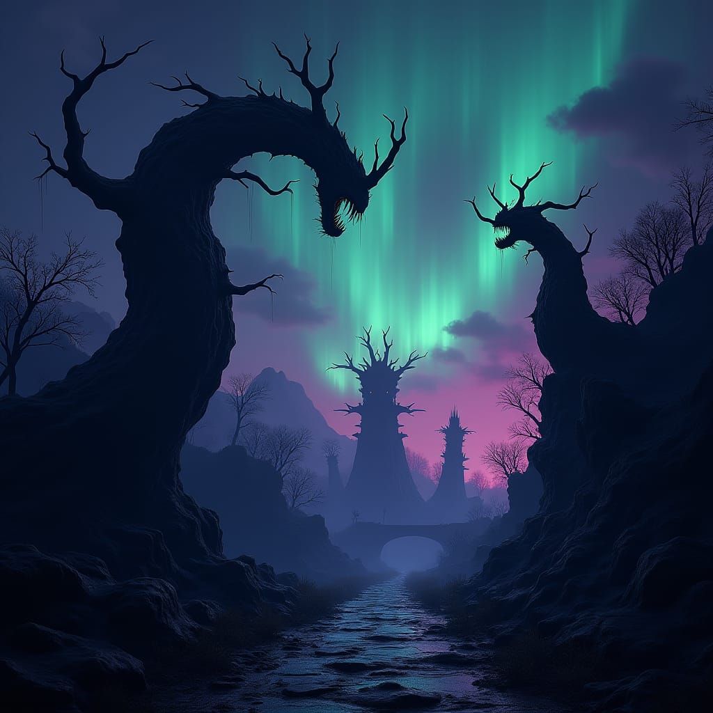 Mystical Lovecraftian Nightscape with Aurora Borealis