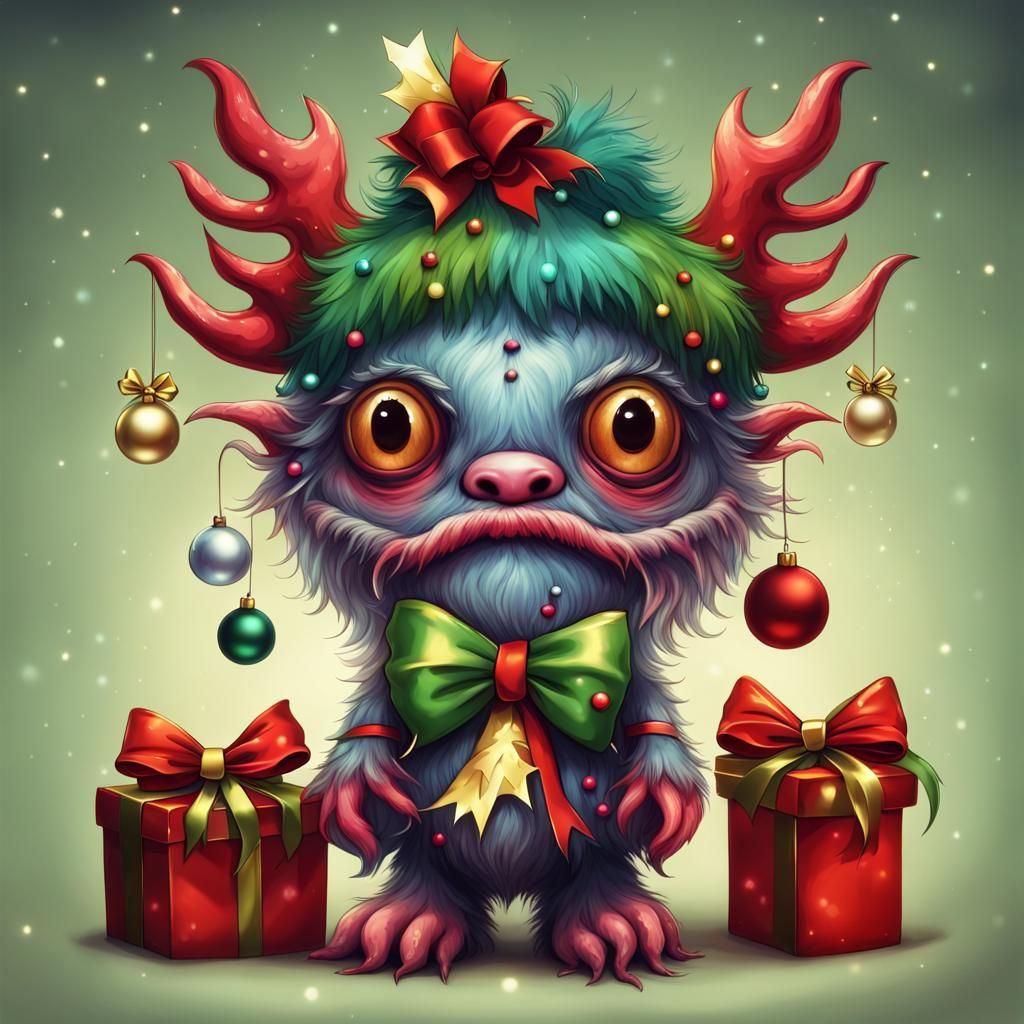 Colorful Christmas Monster with Bows in Digital Art