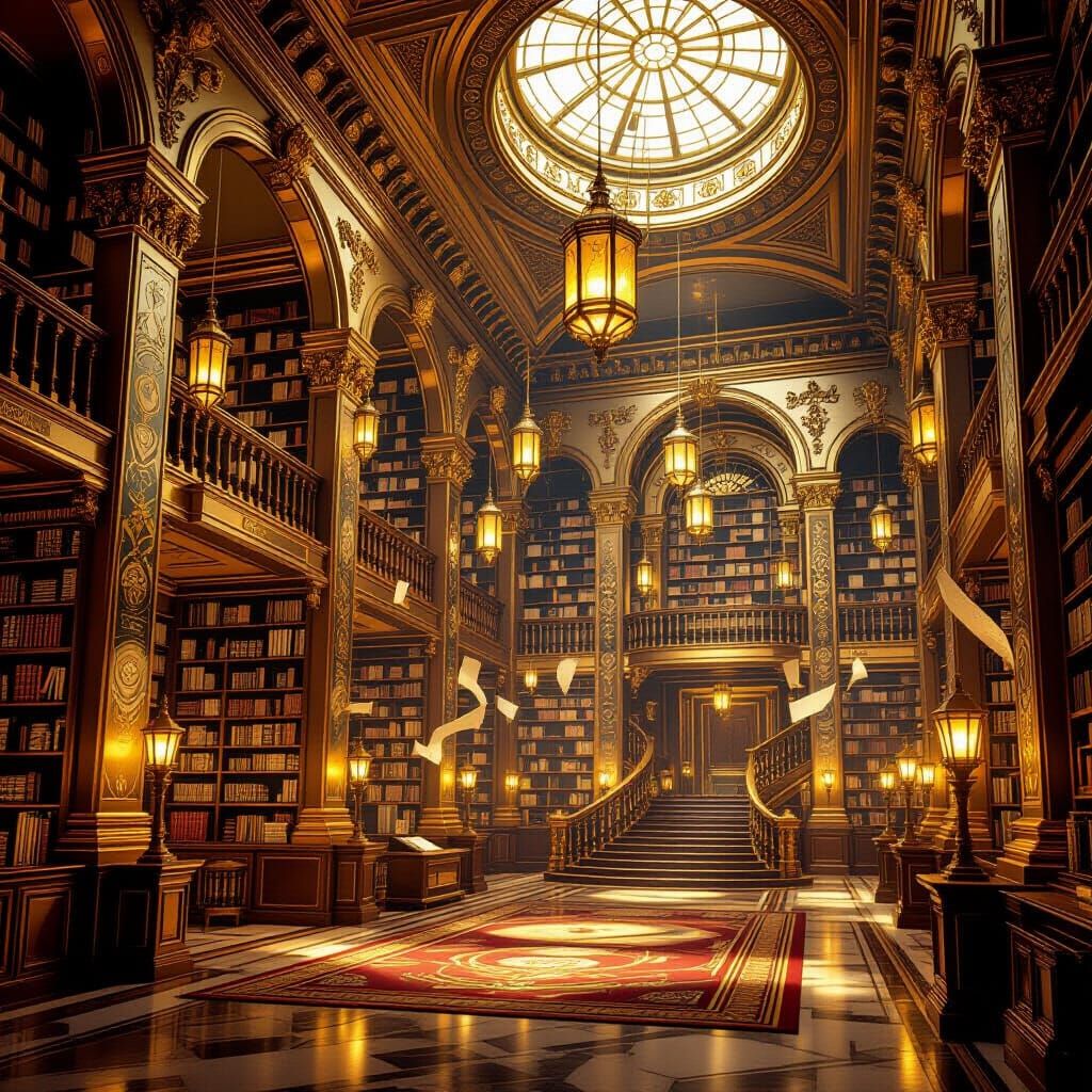 Grand Royal Library with Floating Lanterns and Magical Scrol...